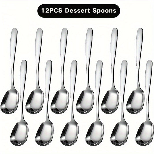 12pcs Stainless Steel Dessert Spoons Set - Mirror Polished Ice Cream Scoop