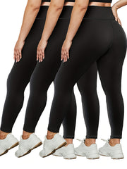 3 Pc Plus Size Sports Leggings Set Wide Waistband Stretchy Slimming Yoga Pants
