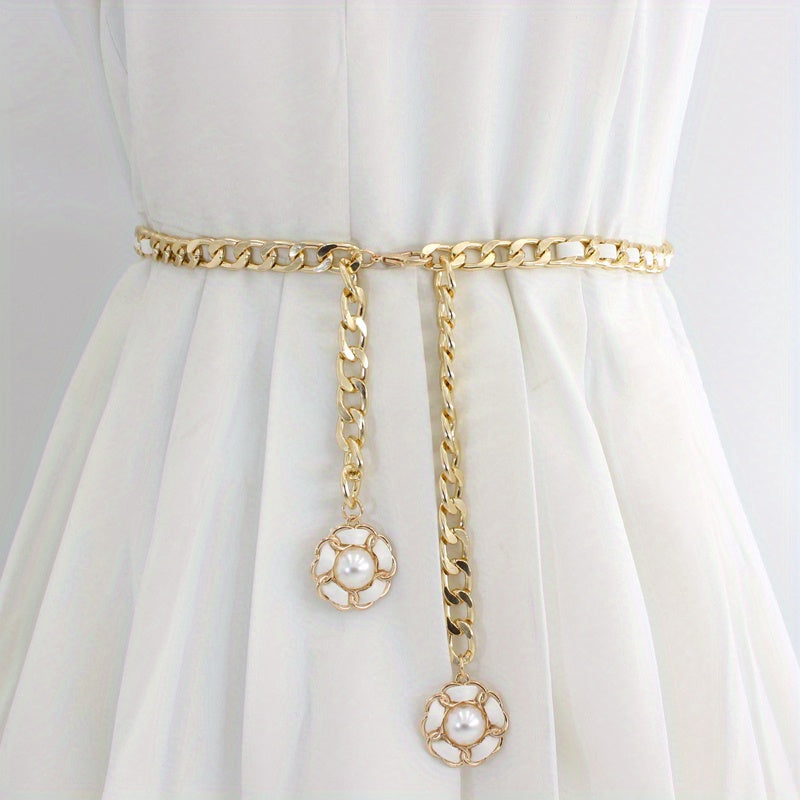 Women's Golden Waist Chain Faux Pearl Flower Pendant Dress Chain
