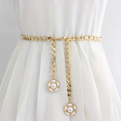 Women's Golden Waist Chain Faux Pearl Flower Pendant Dress Chain