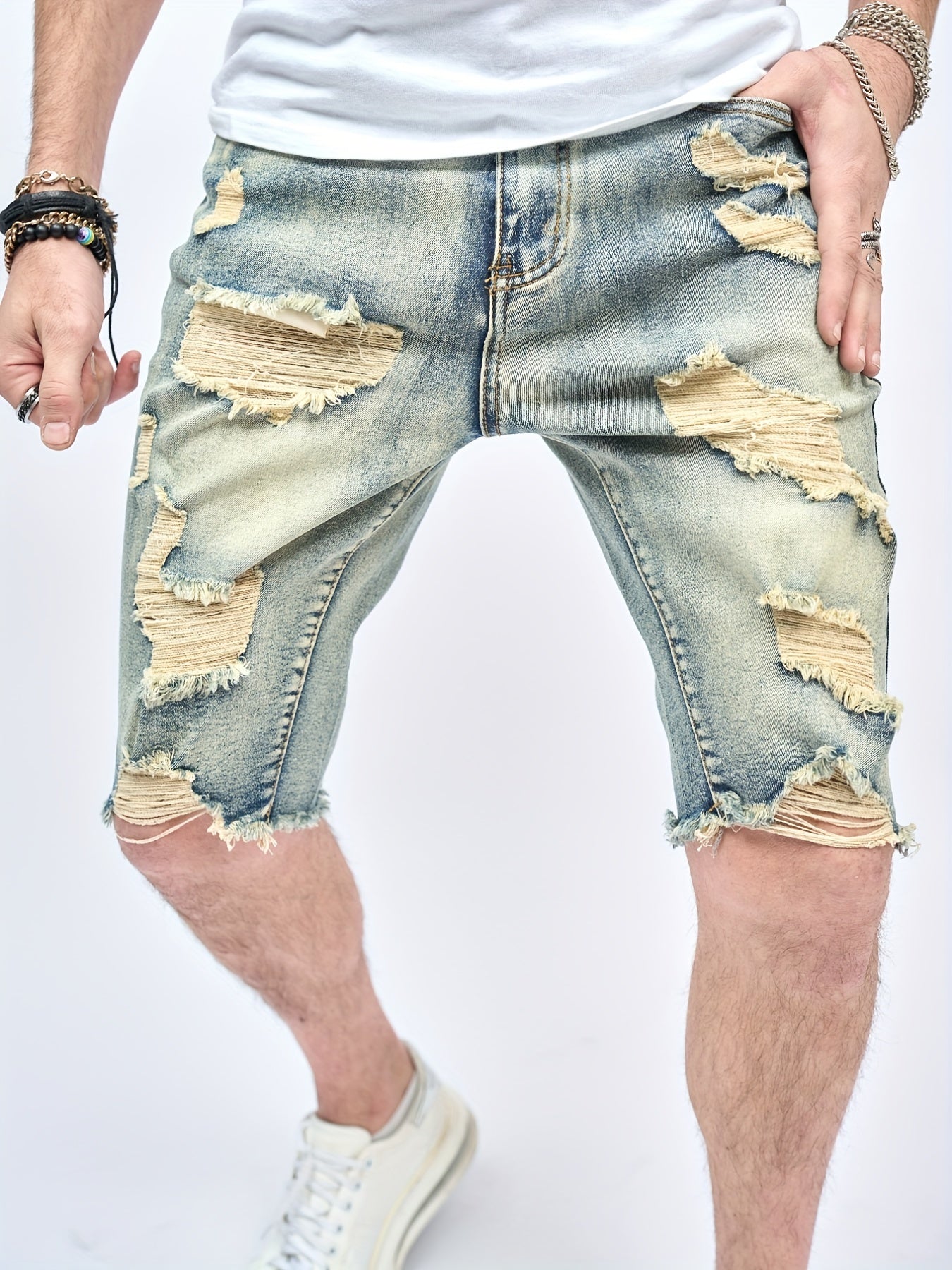 Vintage Ripped Denim Shorts Men's Casual Street Style Mid Stretch Denim Shorts