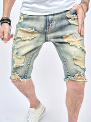Vintage Ripped Denim Shorts Men's Casual Street Style Mid Stretch Denim Shorts