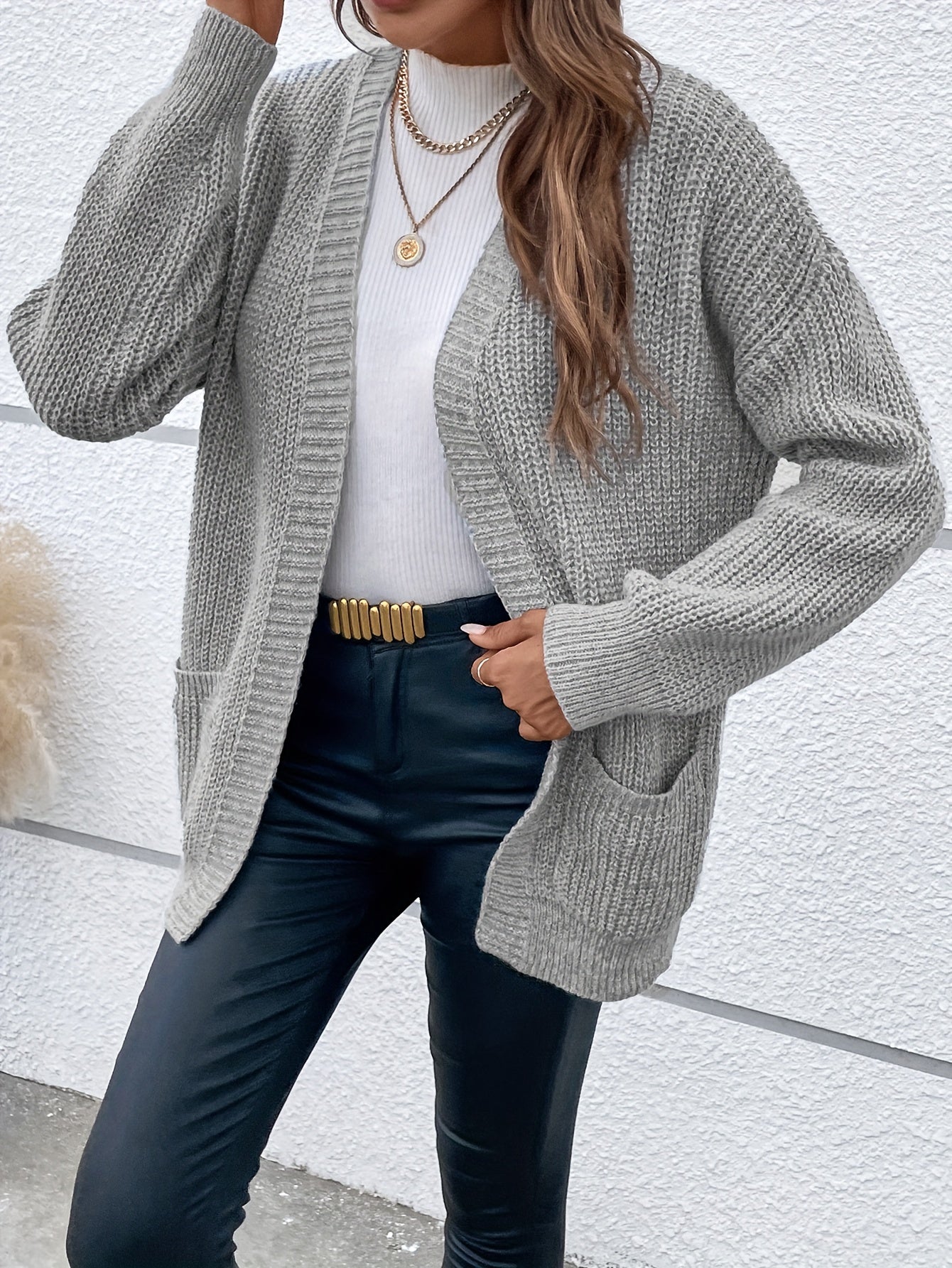 Solid Long Sleeve Open Front Cardigan With Pockets
