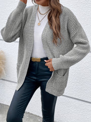 Solid Long Sleeve Open Front Cardigan With Pockets