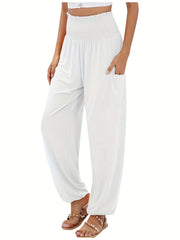 Solid Lantern Trousers with Shirred Waist