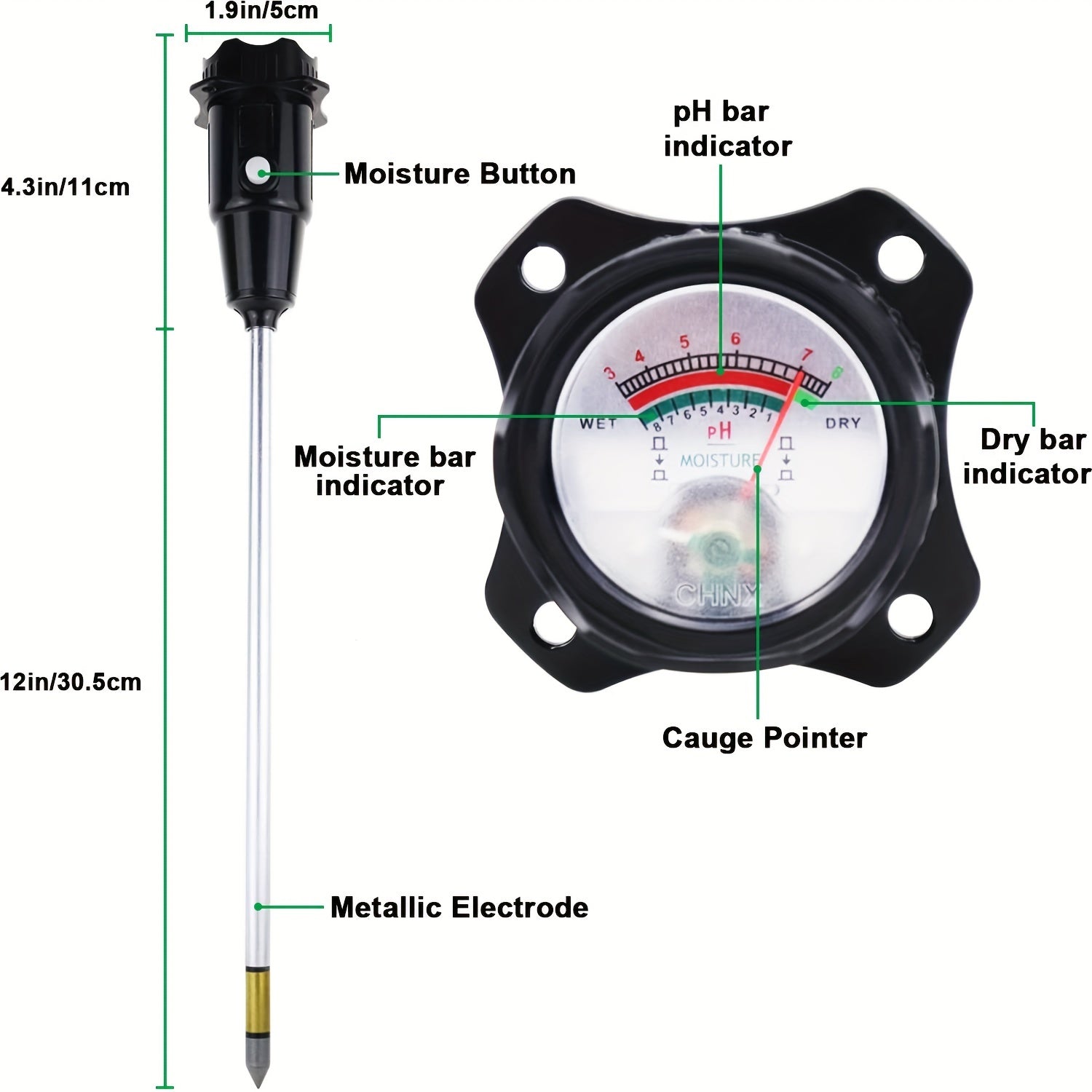 Soil PH Meter Long Probe Deep Soil Moisture Tester 2-in-1 Hygrometer