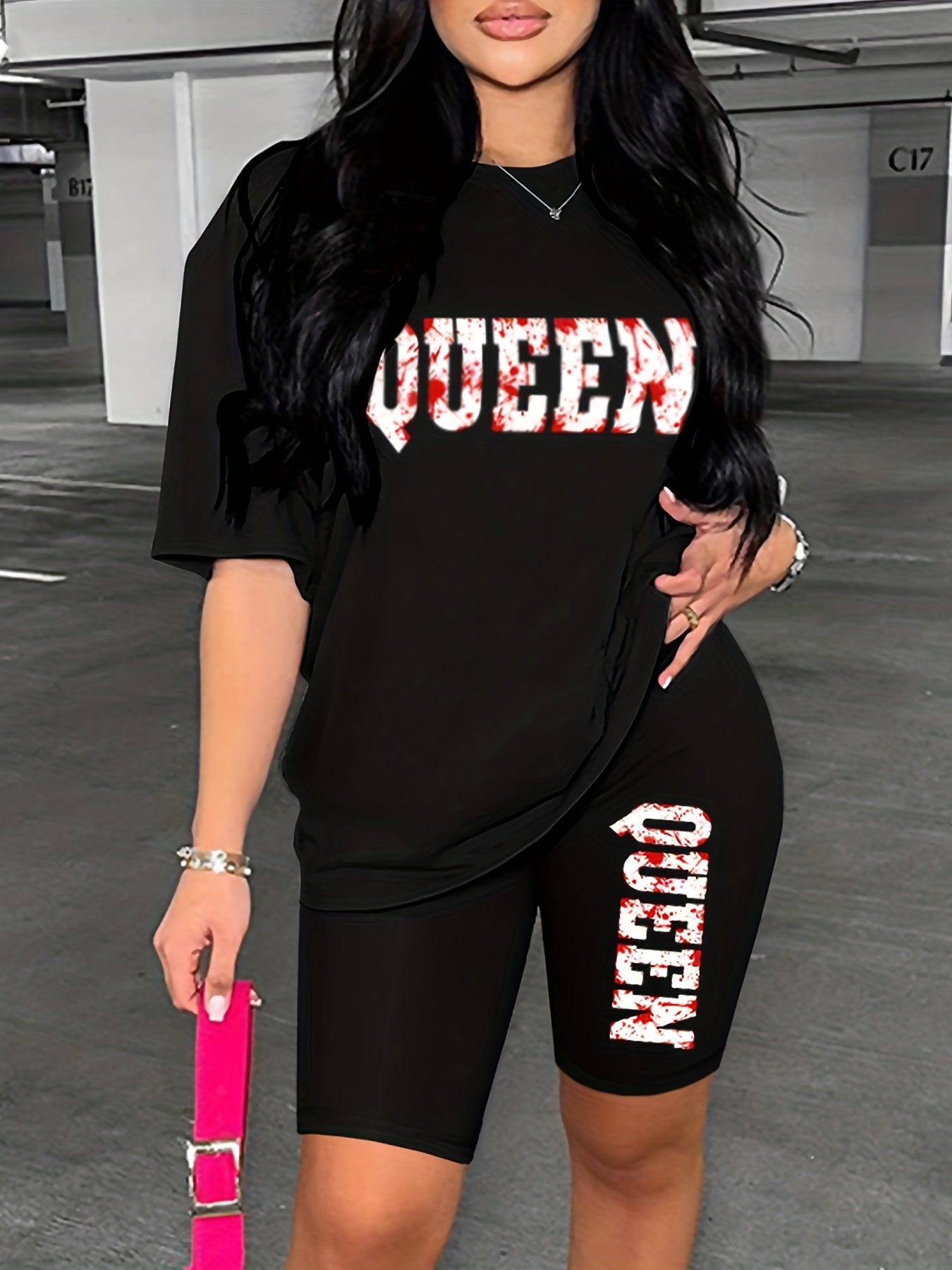 Queen Print 2pc Set Casual T-shirt & Shorts Outfit Womens Clothing