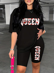 Queen Print 2pc Set Casual T-shirt & Shorts Outfit Womens Clothing