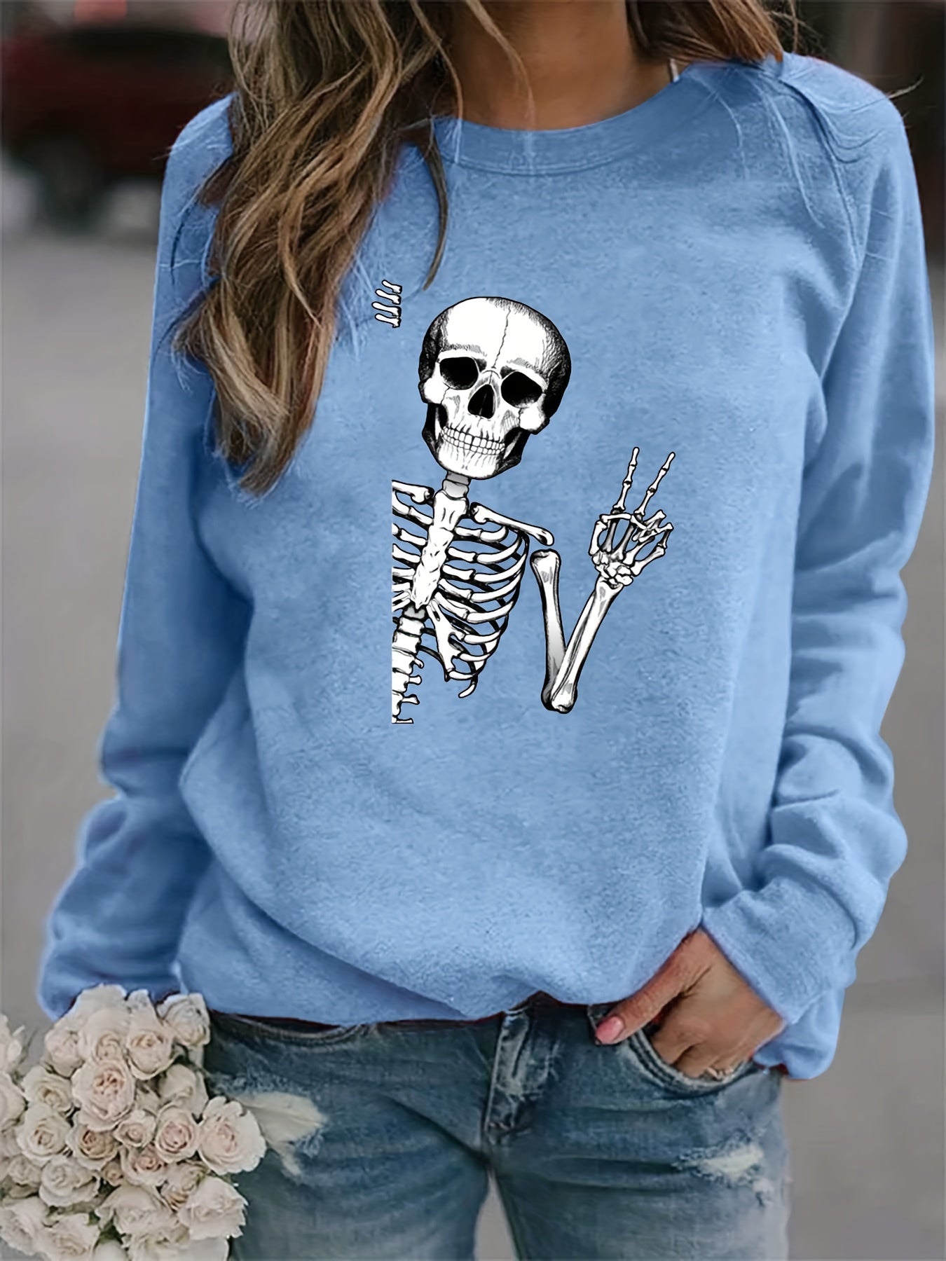 Halloween Skull Printed Sweatshirt for Women