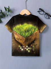 3D Grass Cube Graphic Short Sleeve T shirt For Girls Summer Gift