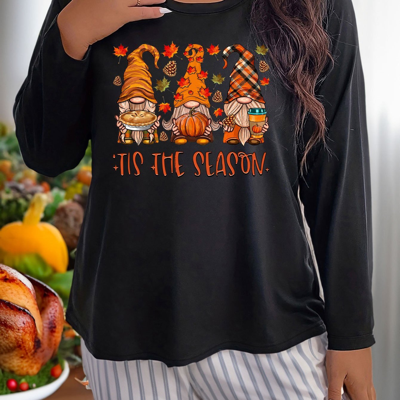 Women's Plus Size Gnomes & Nut Graphic Long Sleeve Round Neck Home Wear T shirt