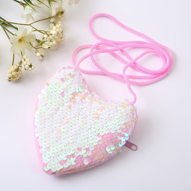 Girls Cartoon Sequin Heart Shaped Crossbody Bag Coin Purse for Party