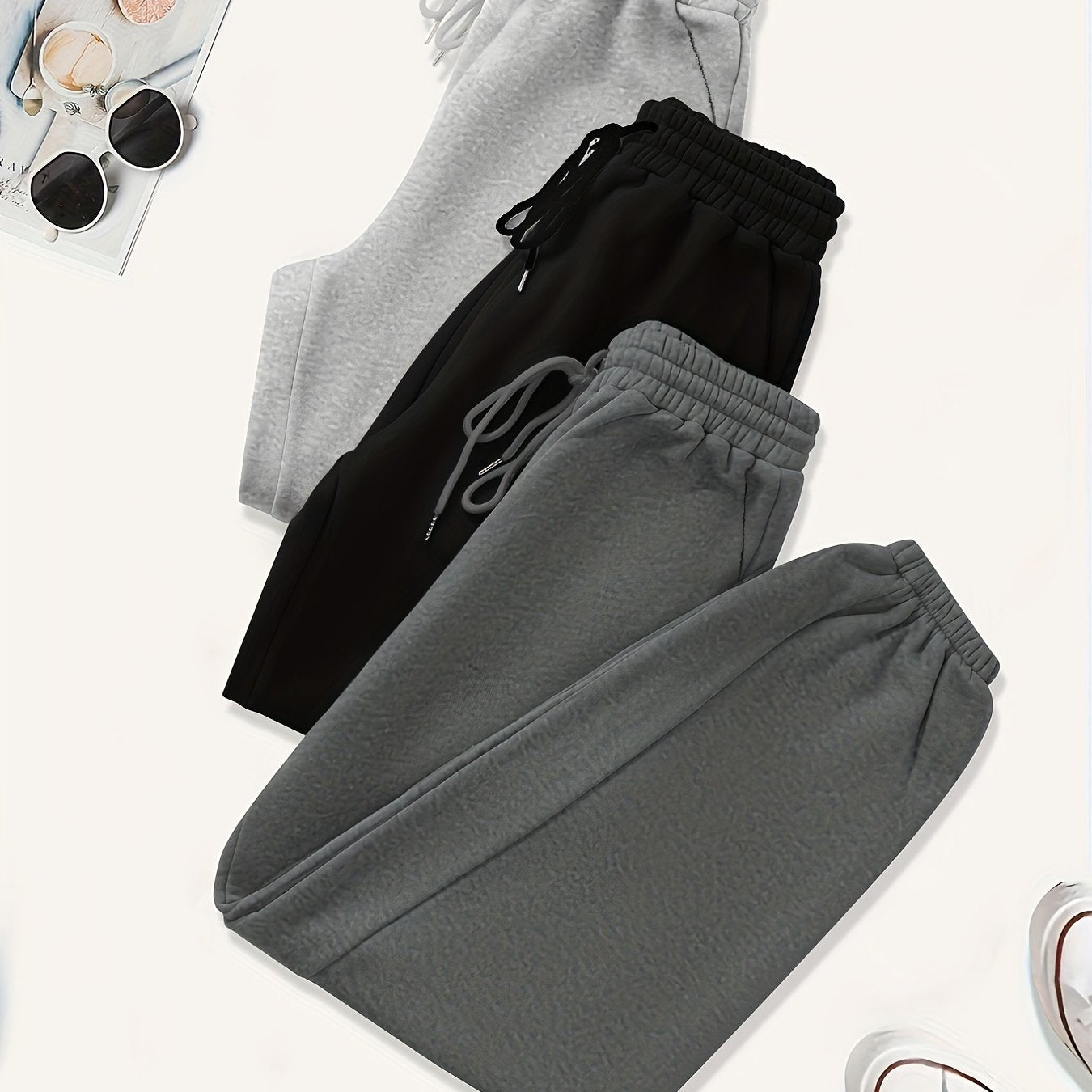 3 Pack Plus Size Basic Pants Women's Plus Solid Elastic Drawstring Hig...