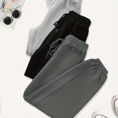 3 Pack Plus Size Basic Pants Women's Plus Solid Elastic Drawstring Hig...