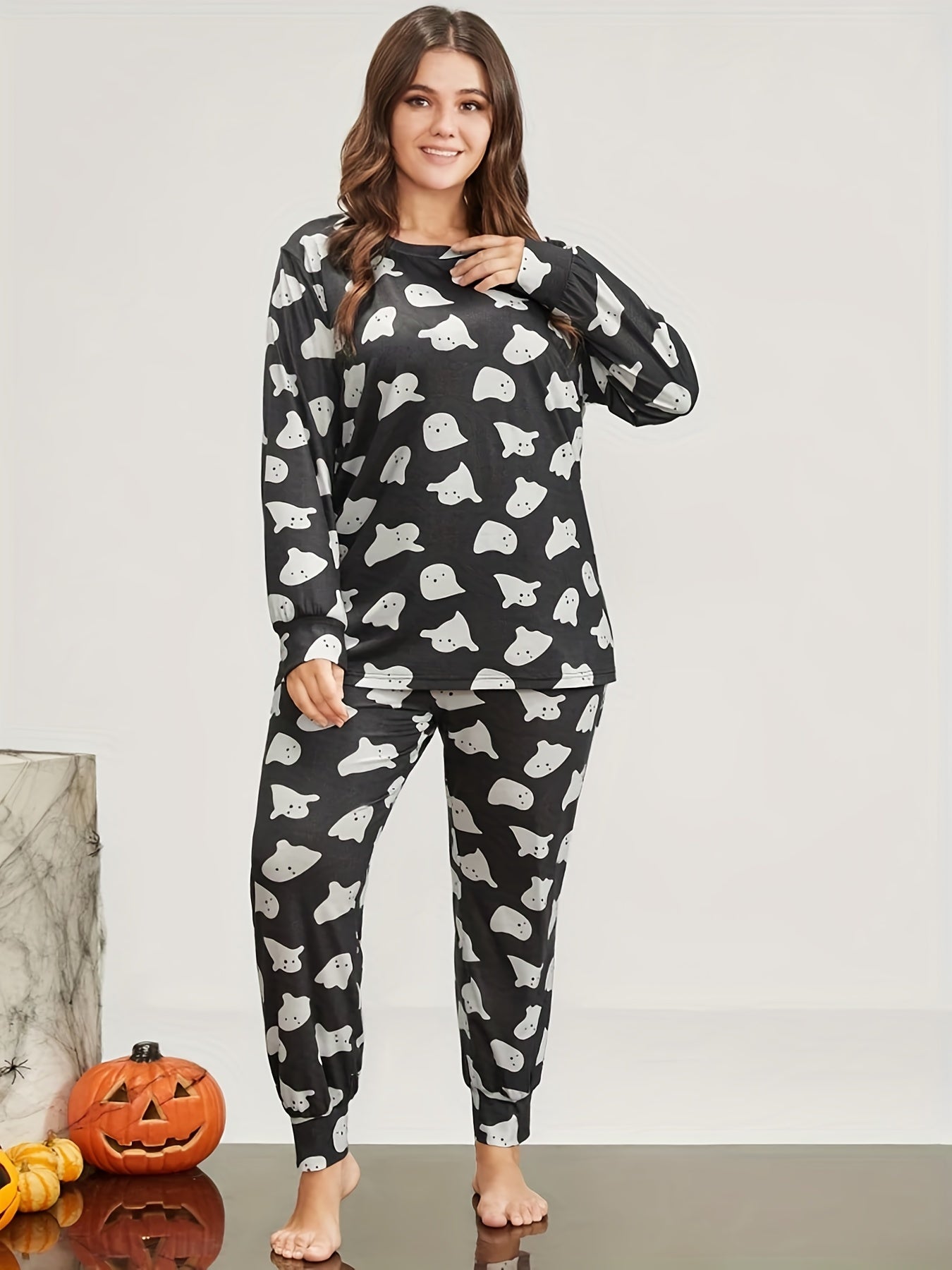 Women's Plus Ghost Print Lounge Set Long Sleeve Tee & Pants Two Piece