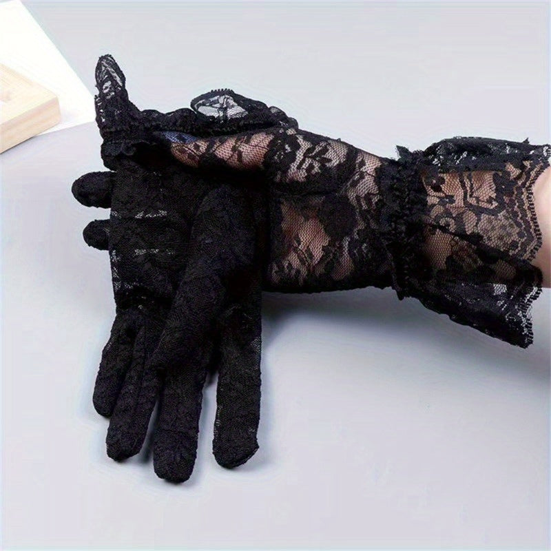 3 Pairs Women's Pink Floral Lace Wedding Gloves Long Sleeve Sun Protection