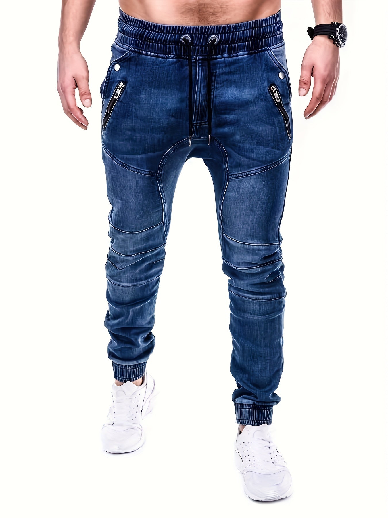 Men's Denim Cargo Pants Zip Pockets Jogger Pants