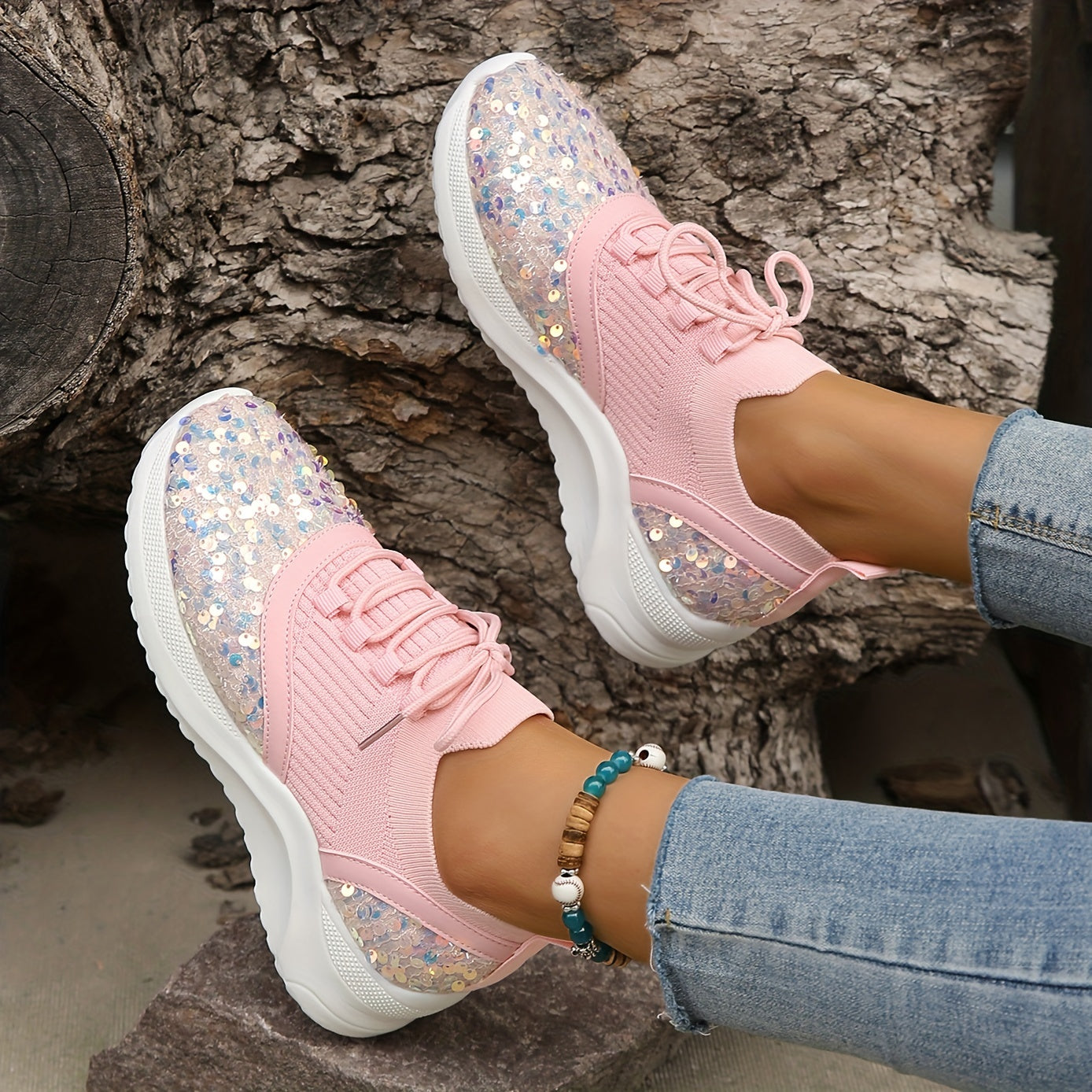 Women's Glitter Sequins Sneakers Pink Lace Up Comfortable Walking Shoes