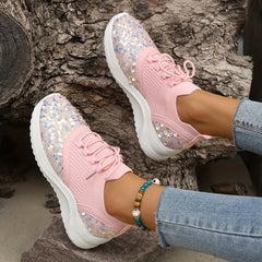 Women's Glitter Sequins Platform Sneakers Lace Up Outdoor Shoes Pink