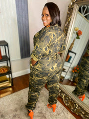 Camo Print Zip Jumpsuit Half Sleeve Long Length Slim Waist Women's Clothing