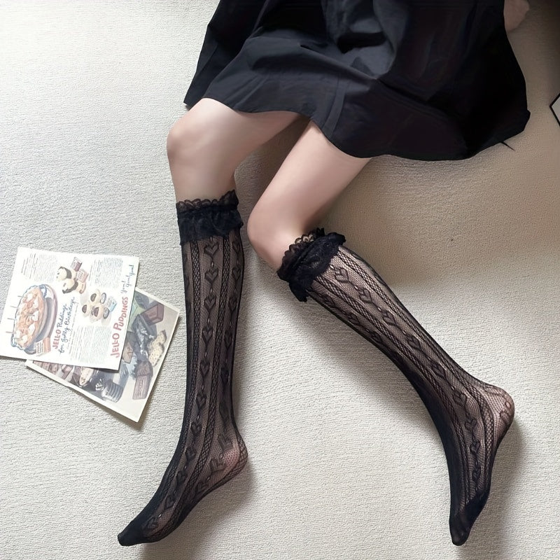 Girls Kids Lace Trim Love Mesh Stockings Children's Calf Socks
