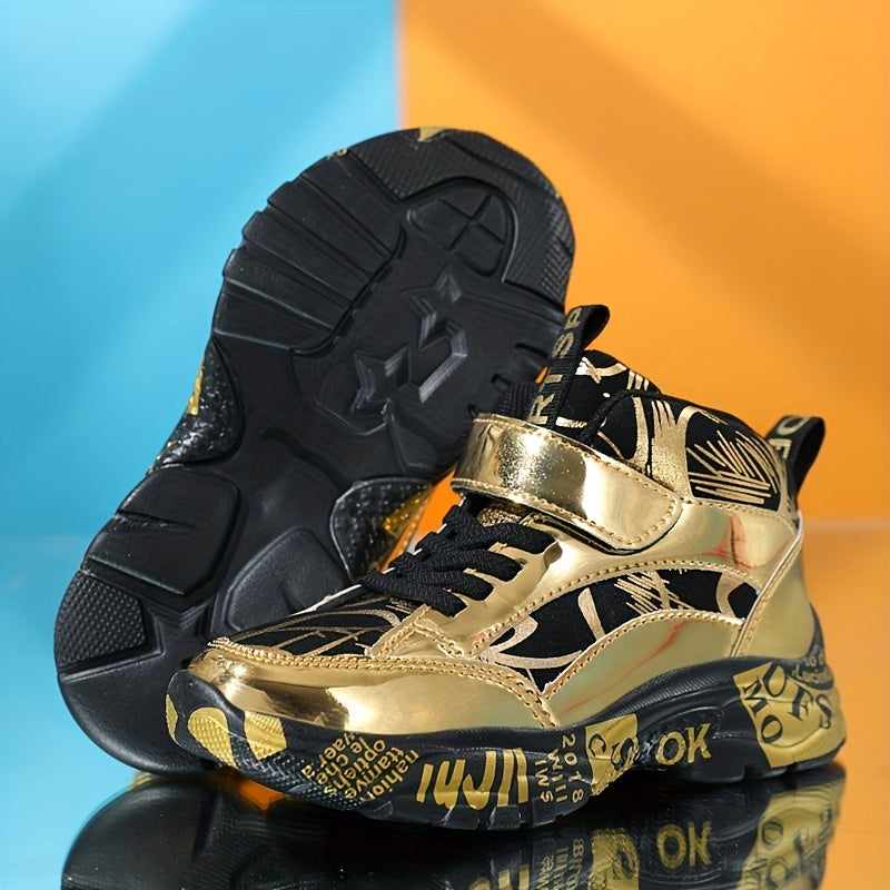 Boys Golden Sneakers With Irregular Pattern Anti Slip Hook And Loop Fastener