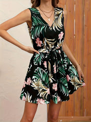 Vacation Floral Print Tie Back Dress V Neck Sleeveless Slim Waist Dress