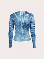 Summer Sexy Jeans Graphic T Shirt Long Sleeve Cropped Denim Sports Tee