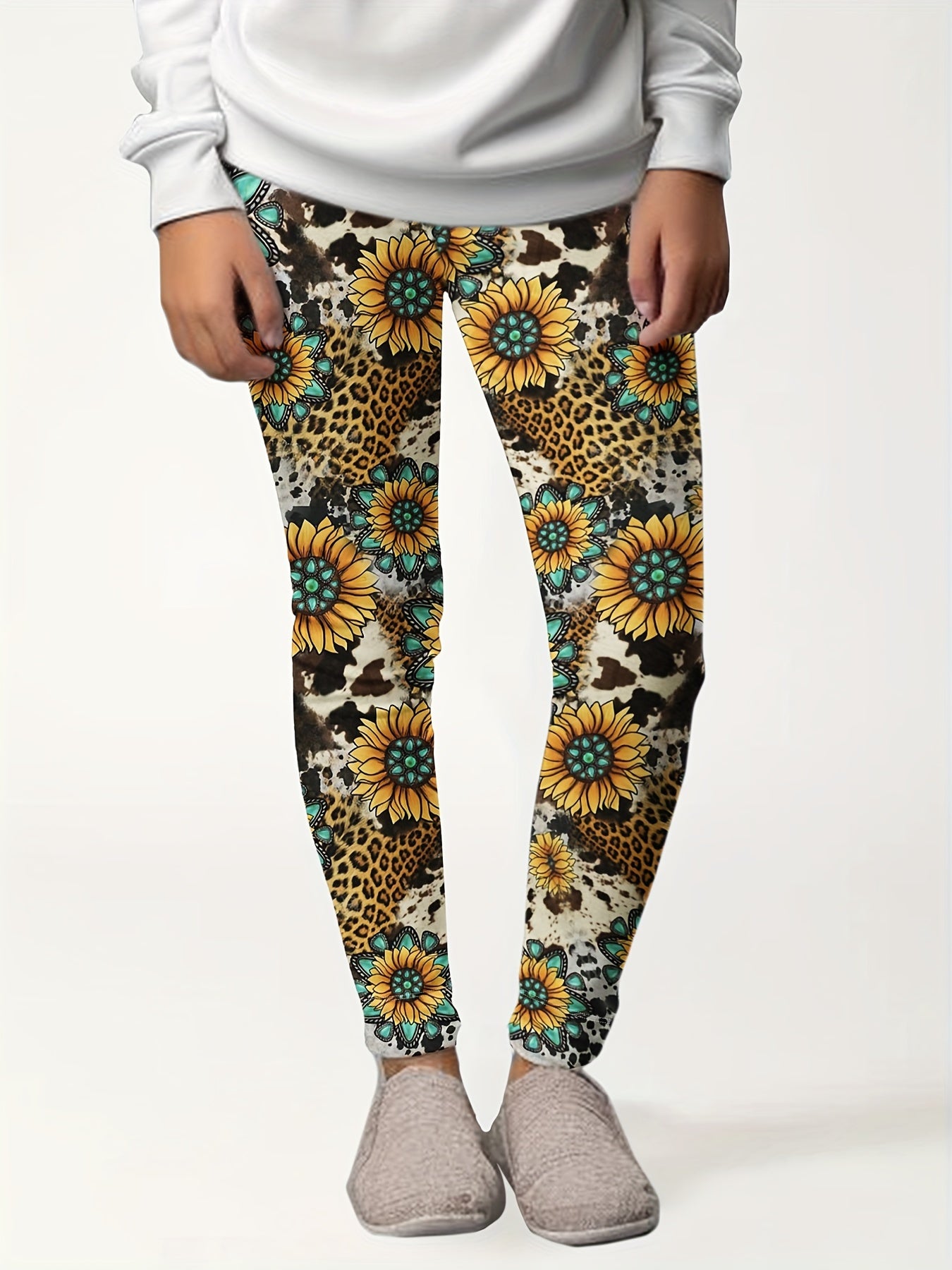 Girls Sunflower Graphic Leggings, Western Style, Thick, Fall Winter