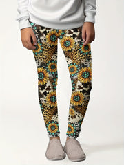Girls Sunflower Graphic Leggings, Western Style, Thick, Fall Winter