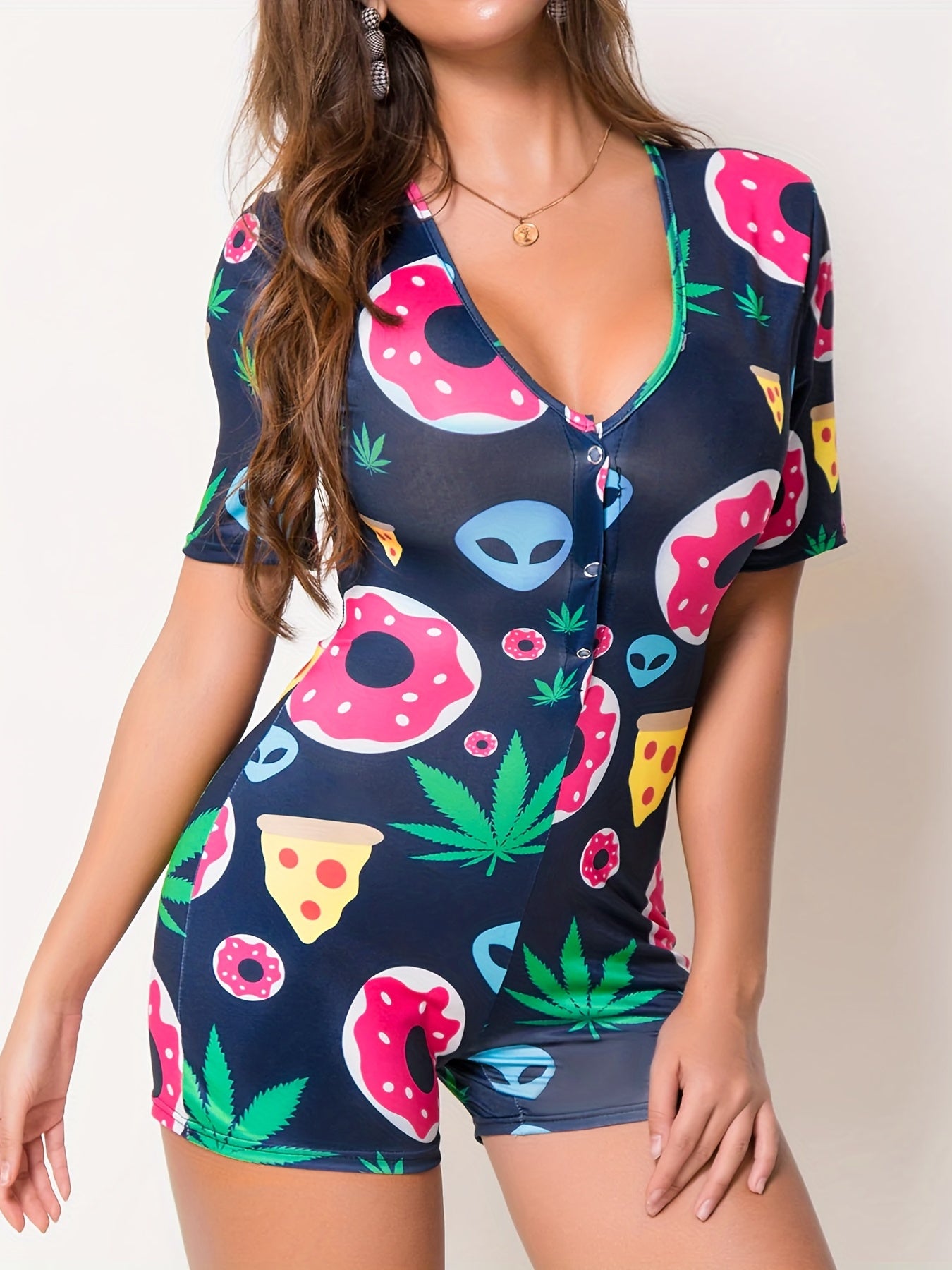 Cartoon Food Print Lounge Romper Short Sleeve Sexy Button-Up Women's Romper