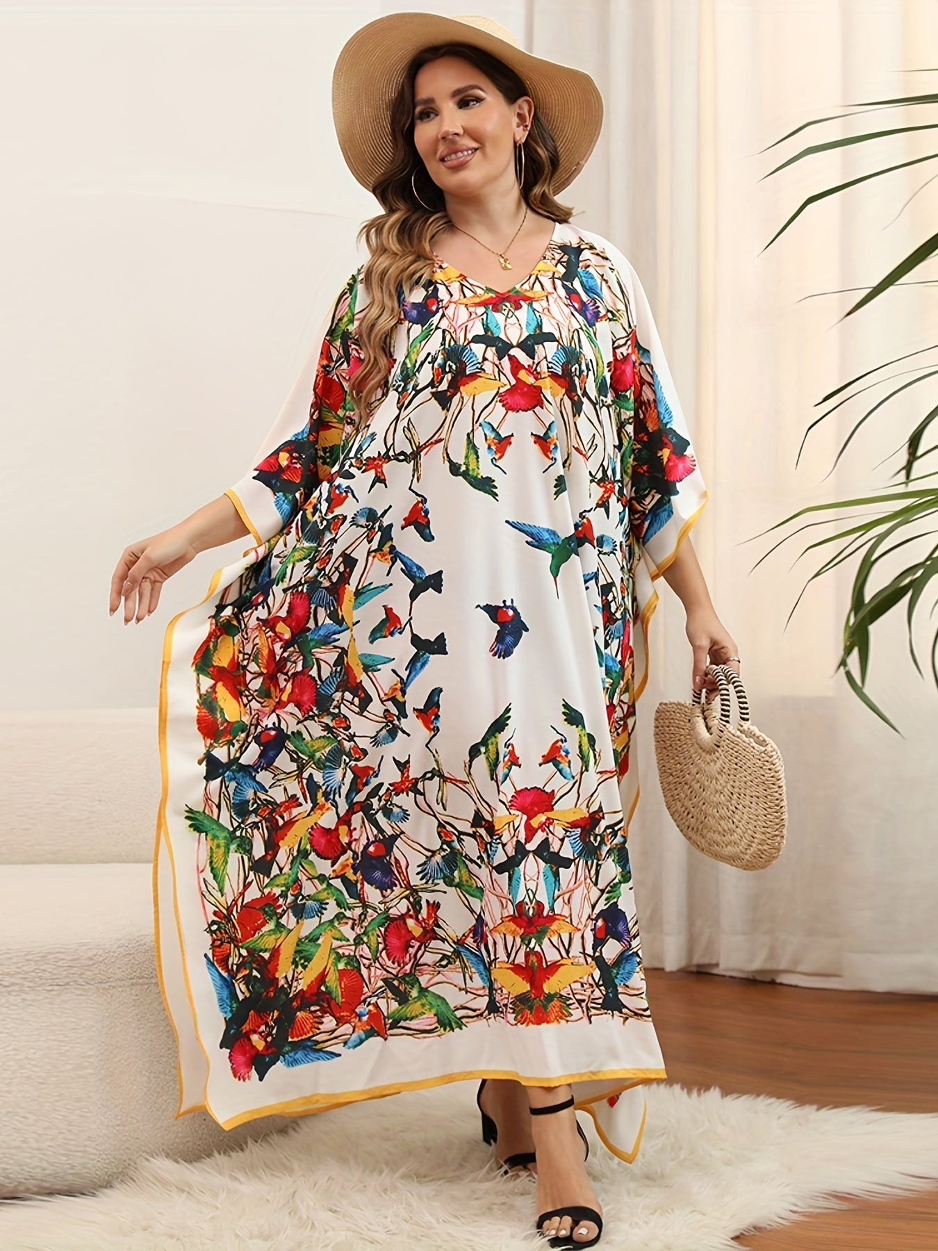 Boho Cover Up Dress Plus Size Print Bat Sleeve V Neck Slight S