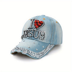 Rhinestone Baseball Cap Distressed Denim Sports Hat Lightweight Dad Hat