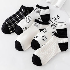 5 Pairs Kitty & Striped Boat Socks Low Cut Ankle Socks Women's Stockings