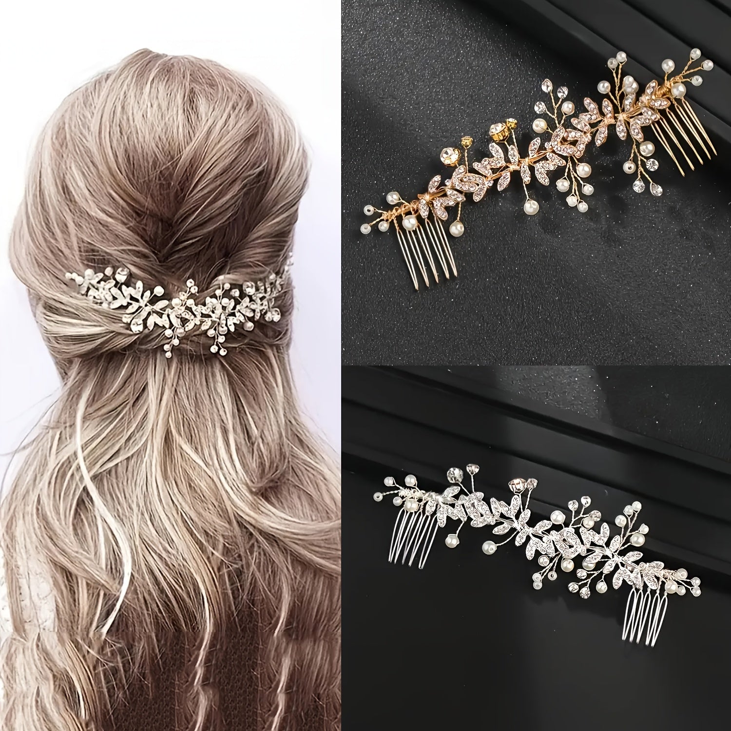 Crystal Comb Silver Golden Rose Golden Bridal Pearl & Crystal Hair Comb