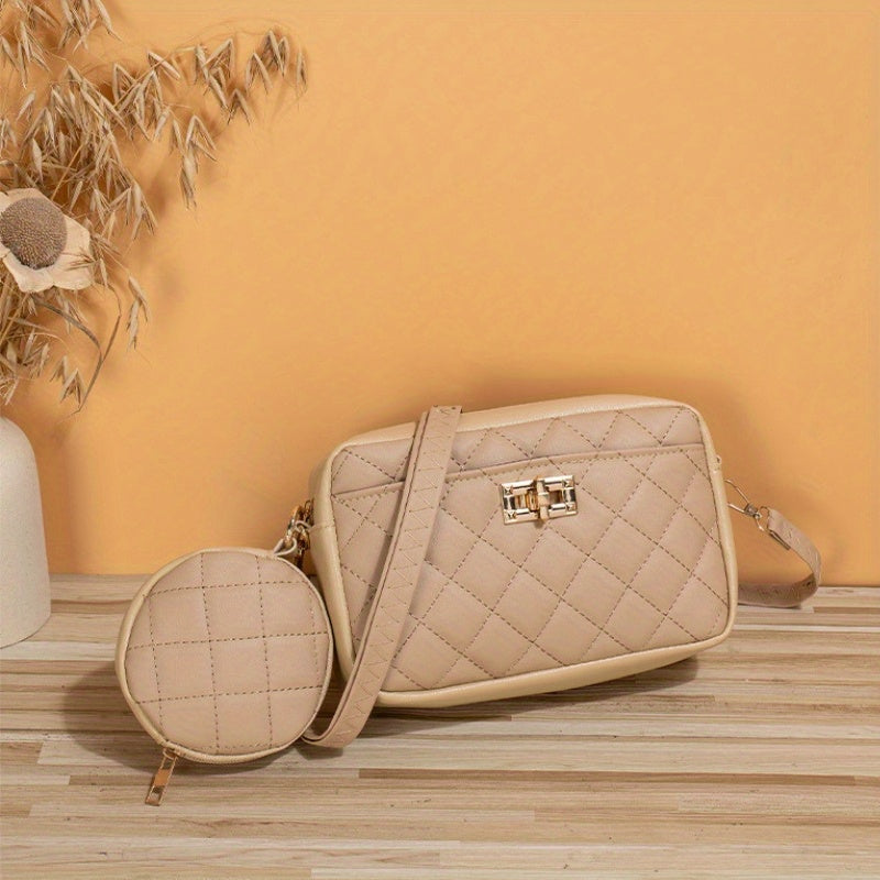Quilted Shoulder Bag Faux Leather Crossbody Bag Zipper Turn Lock
