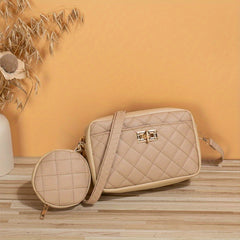 Quilted Shoulder Bag Faux Leather Crossbody Bag Zipper Turn Lock