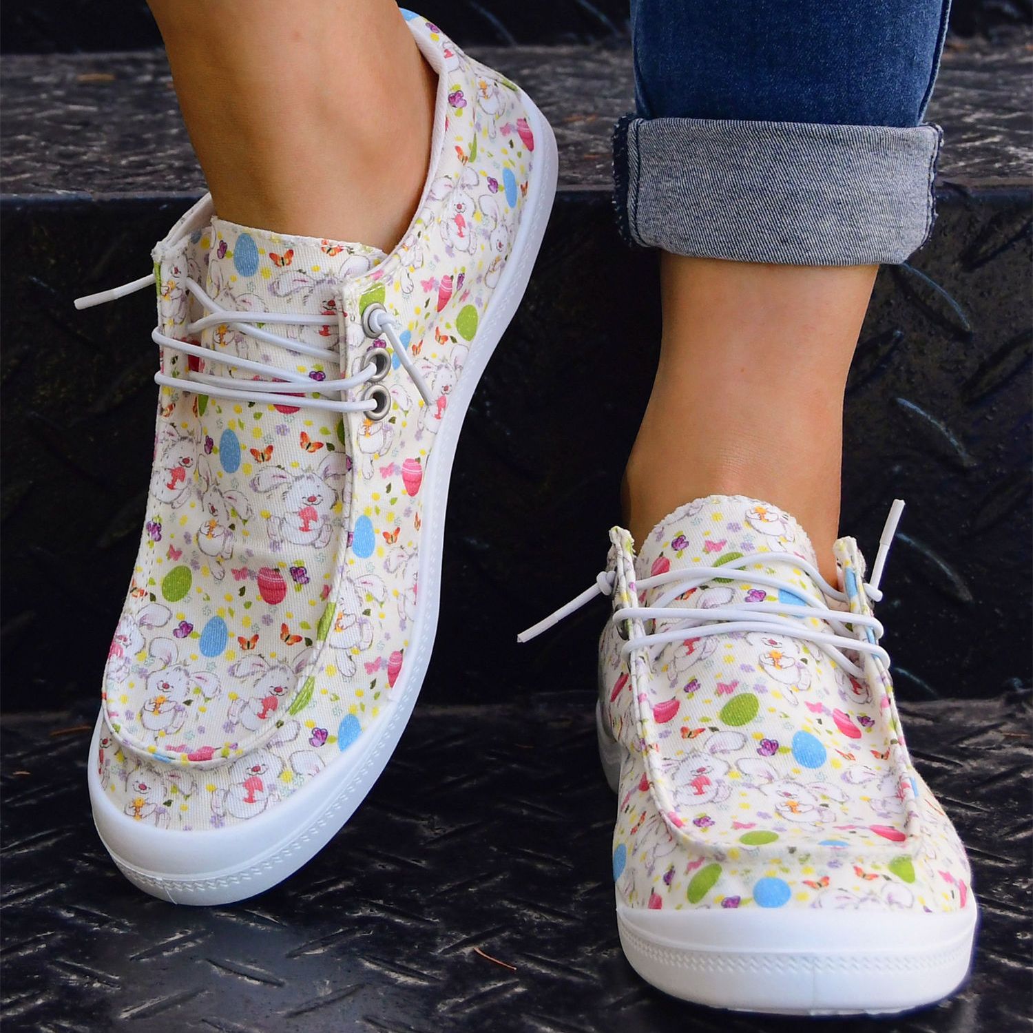 Women's Cartoon Print Lace-up Canvas Boat Shoes