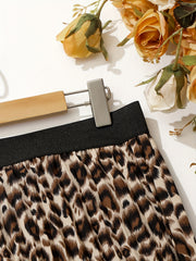 Leopard Print Elastic Waist A-line Pleated Skirt