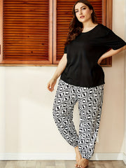 Casual Pajama Set Women's Short Sleeve Top & Print Pants Two Piece Set