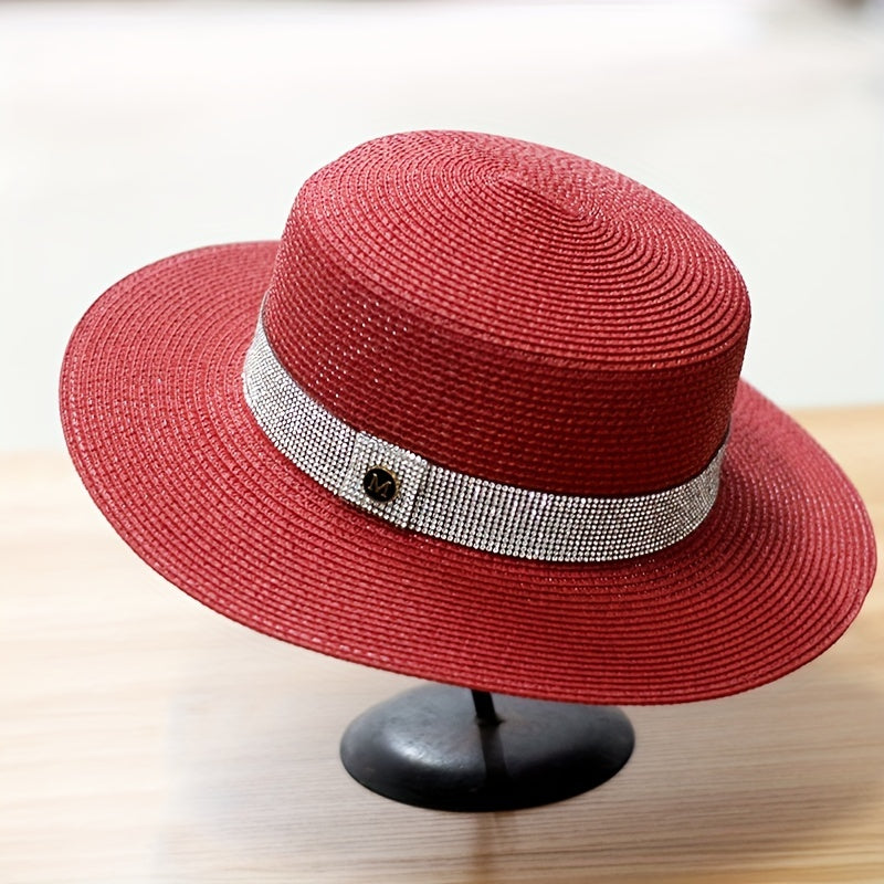 Rhinestone Strap Decor Sun Hat M Label Flat Top British Travel Beach Hat Women