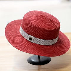 Rhinestone Strap Decor Sun Hat M Label Flat Top British Travel Beach Hat Women
