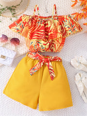 Girls Hawaiian Graphic Ruffle Top & Belted Shorts Set for Party Vacation