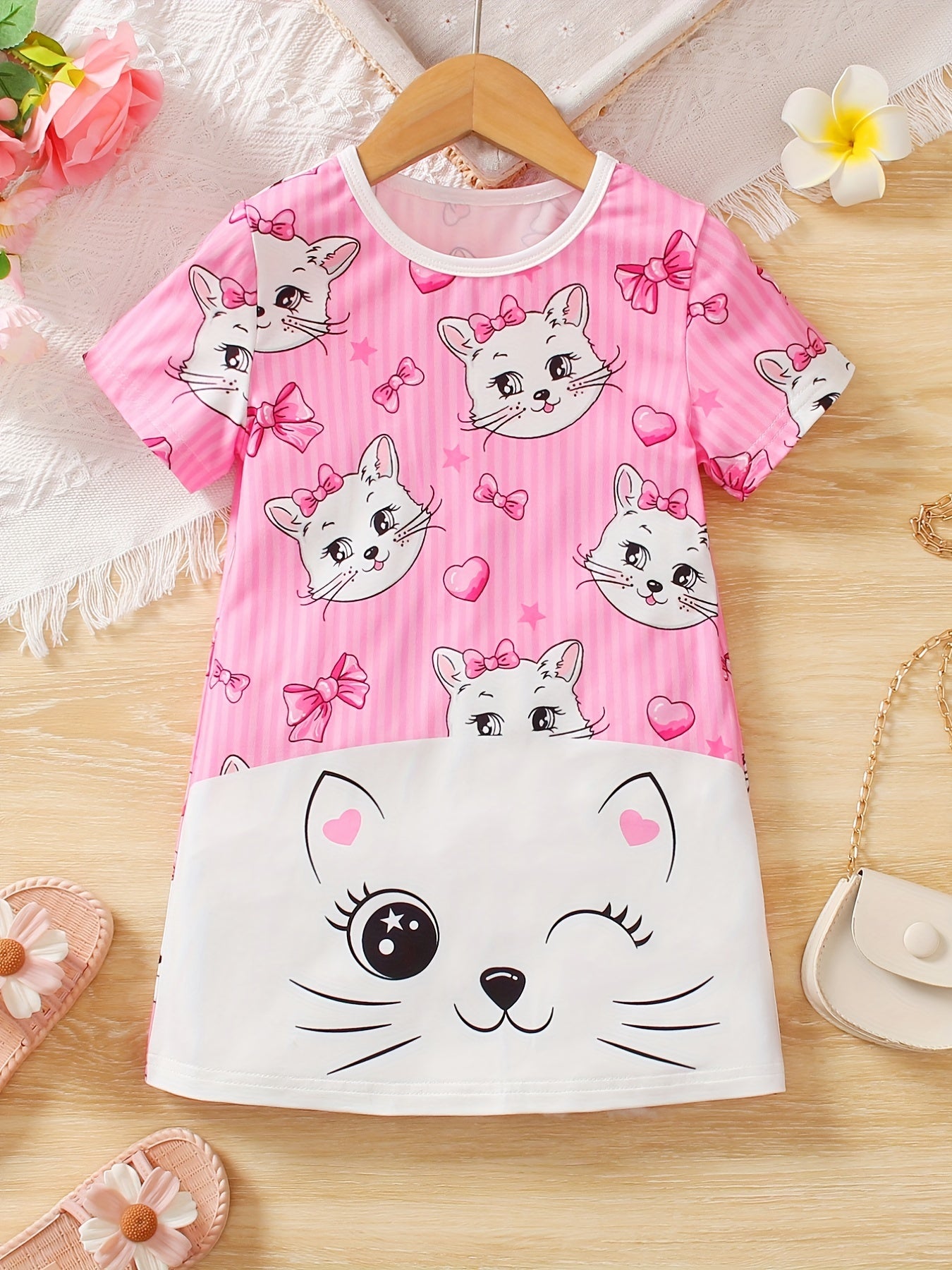 Toddler Girls Cartoon Cat Graphic T-shirt Dress For Party Kids