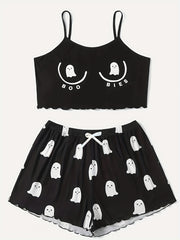 Ghost Print Pajama Set Crew Neck Cami Top & Shorts
