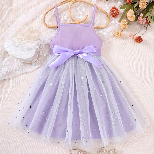 Toddler Girls Stars Mesh Overlay Belted Cami Princess Dress