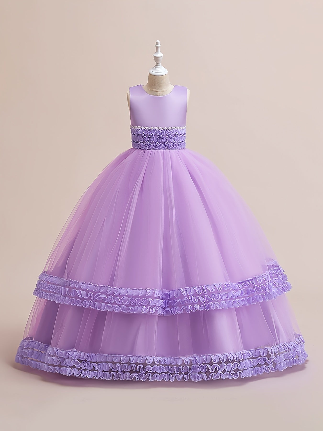 Girls Sleeveless Puffy Princess Dress Lace Trim Tulle Tutu Dress