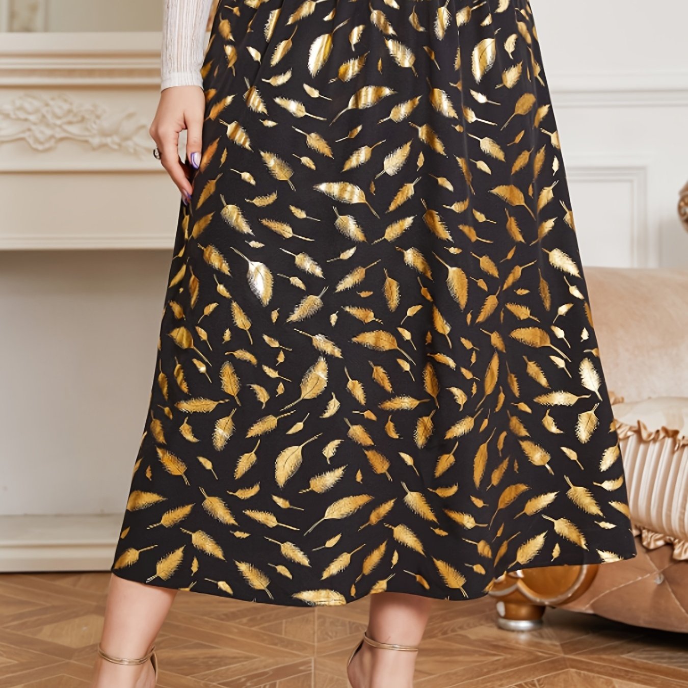 Boho Skirt Women's Plus Golden Feather Print Maxi Skirt