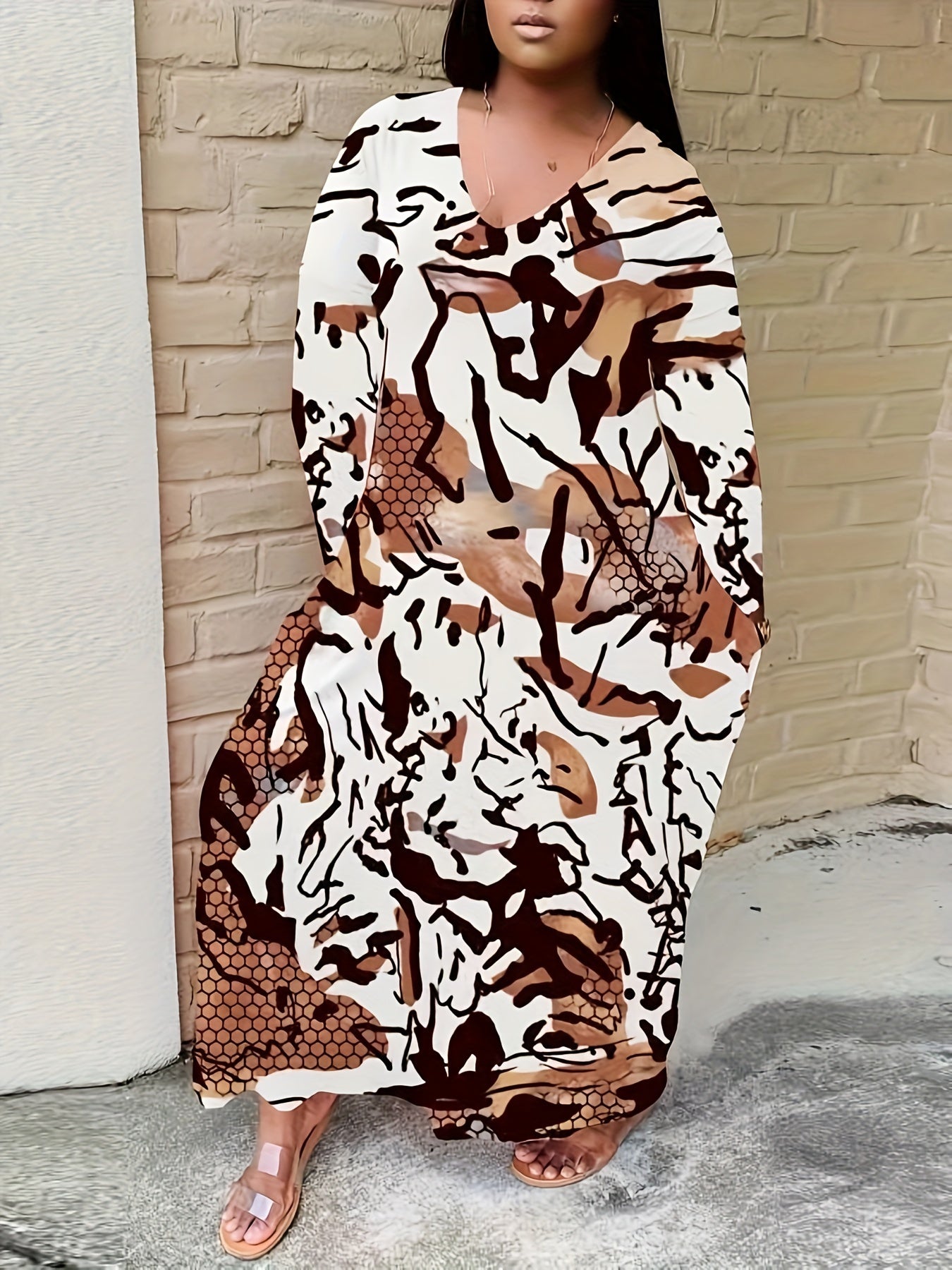 Women's Plus Random Print Long Sleeve Maxi Dress