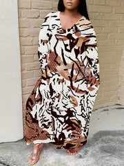 Women's Plus Random Print Long Sleeve Maxi Dress